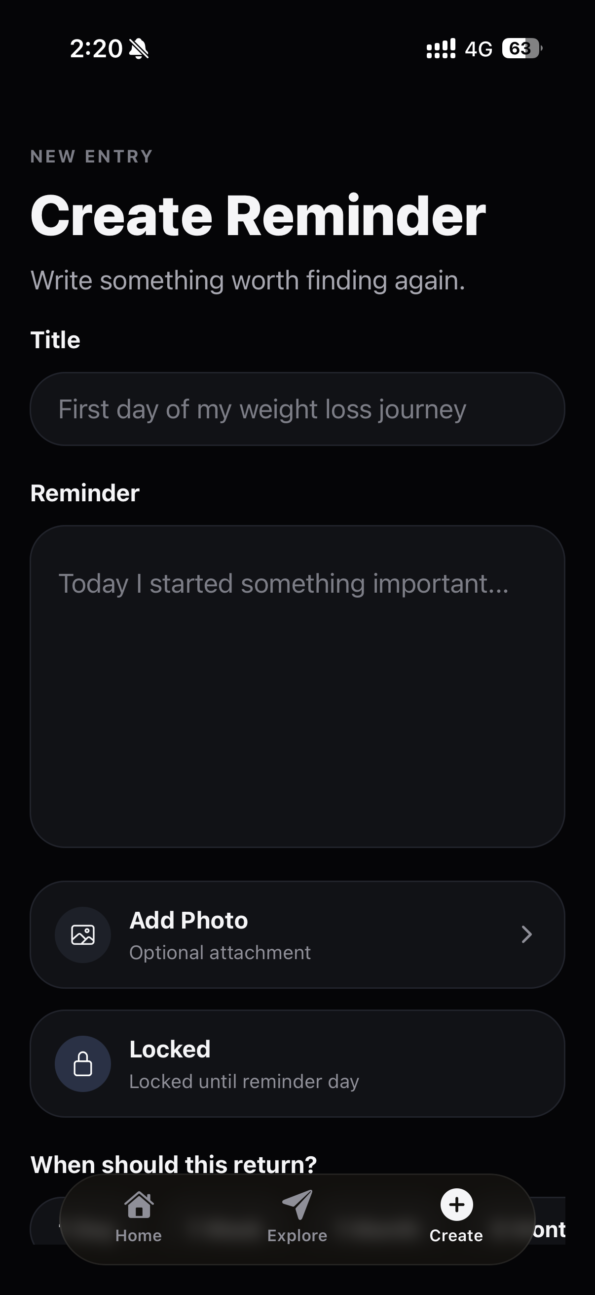 Create a RemindMe reminder with a title, message, and photo