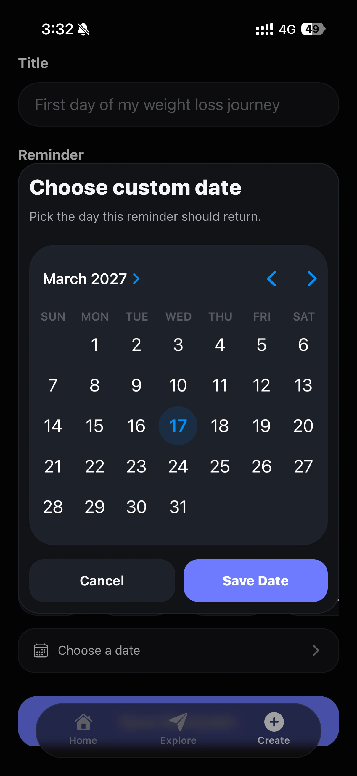 Choose a custom reminder date in RemindMe