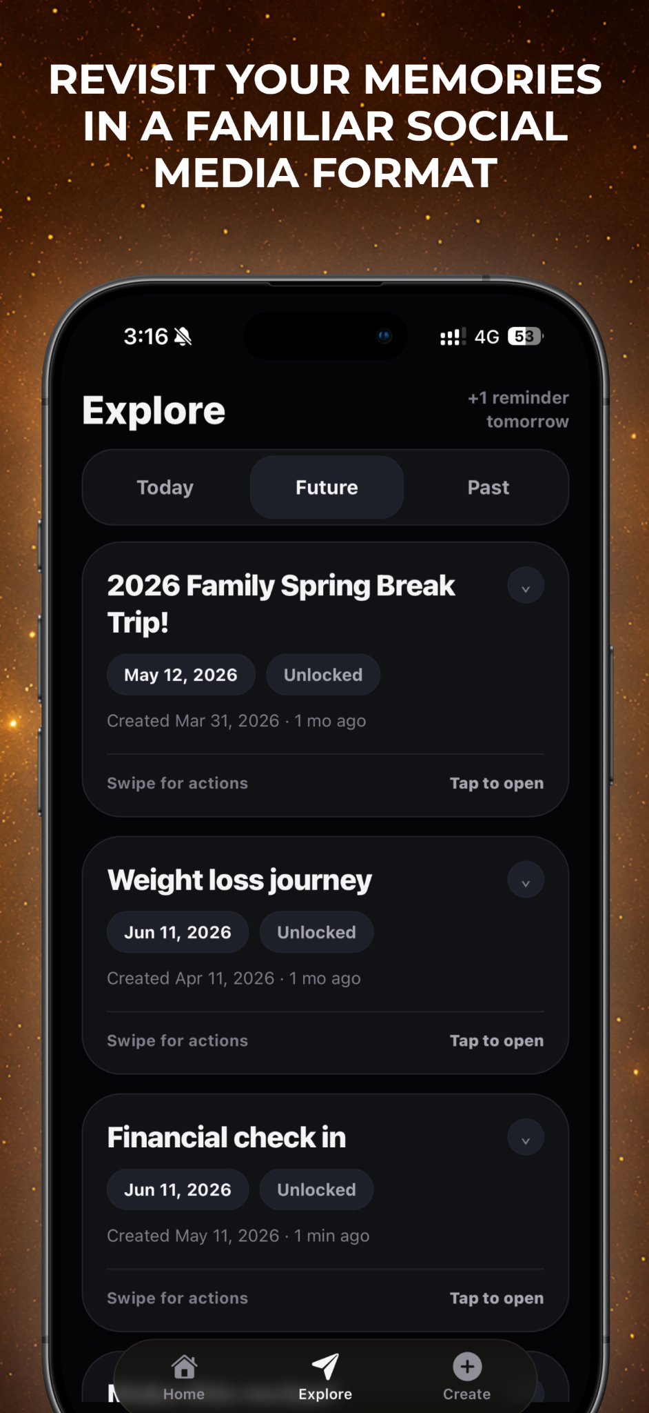 RemindMe memory feed screen