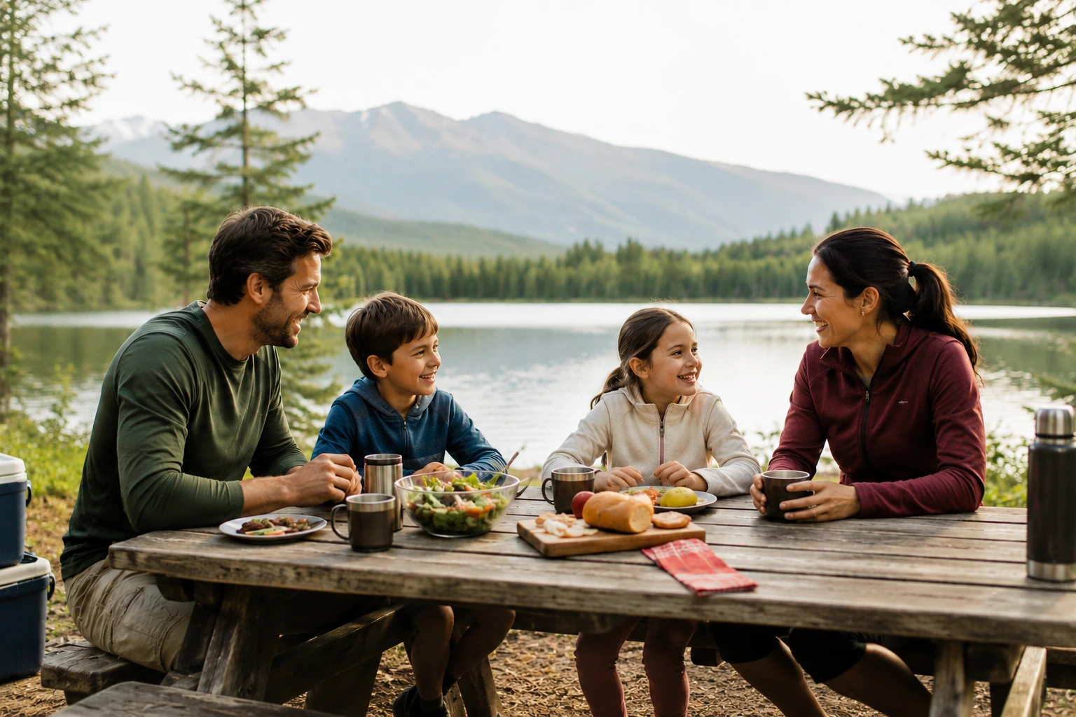 Family picnic memory at a mountain lake