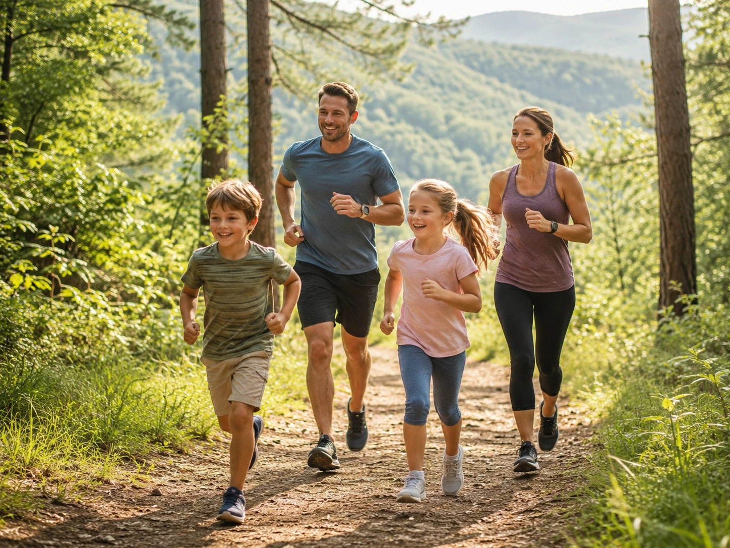 Family running together in a forest with hills in the background